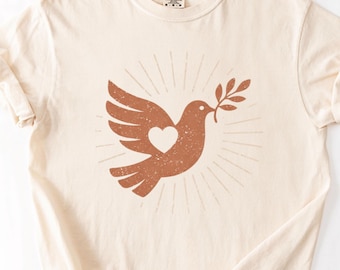 Fredsduvskjorta, olivkvistfågel-t-shirt, minimalistisk folkkonst-t-shirt, Cottagecore-grafik-t-shirt, symbolisk fågel-t-shirt, present till henne