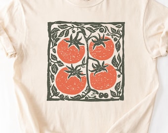 Tomatskjorta, folkkonstträdgårdströja, skandinavisk grönsakströja, linoleumsnittsstil med frukt och grönsaker, Cottagecore Kitchen-grafiktröja