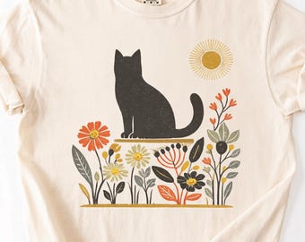 Folk Cat Wildflower Shirt, Scandinavian Botanical Tee, Vintage Floral Cat Shirt, Cottagecore Garden Tee, Nature Lover Gift