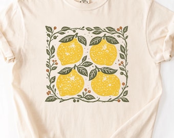 Citronskjorta, citronälskare, citrusskjorta, skandinavisk folkkonstskjorta, botanisk trädgårdskjorta, sommargrafikskjorta