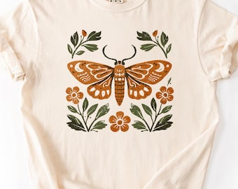 Skandinavisk folkmalsskjorta, linoleumsnitt och botanisk t-shirt, naturpollinatorskjorta, vintage-t-shirt med grafisk design, Cottagecore-trädgårdsskjorta
