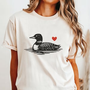 Loon with Heart Folk Linocut Shirt, Minimal Bird Illustration Tee, Modern Rustic Nature Art Shirt