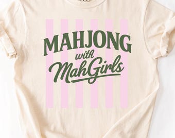 Mahjong with MahGirls Shirt, Cute Mahjong Shirt for Women, Pink Stripe Preppy Tee, Mahjong Night Outfit, Girls Game Night Shirt