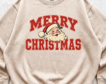 Merry Christmas Sweatshirt, Retro Santa Graphic, Vintage Style Varsity Lettering Holiday Crewneck