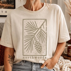Northwoods Pine Shirt, White Pine Cone Tee, Vintage Botanical Block Print, Up North Nature Comfort Colors Shirt