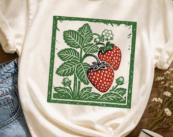 Camiseta estilo cottagecore con fresas, linograbado de fresas, camiseta vintage botánica con fresas, camiseta con estampado de frutas de jardín, gráfico de planta de bayas