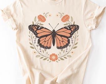Fjärilsskjorta för kvinnor, monarkfjärils-T-shirt, botanisk blommig T-shirt, Cottagecore Natur-T-shirt, vildblommig grafik, present till henne