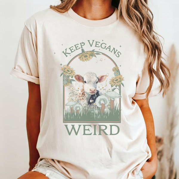 Keep Vegans WEIRD Crewneck Tee, Comfort Colors T-Shirt, Vintage Inspired Oversized Tee, Vegetarian Shirt,  Cottagecore Apparel