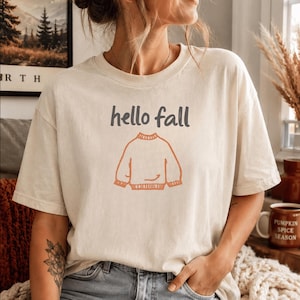 こんにちは秋のシャツ、ミニマリストな秋のTシャツ、心地よい秋のグラフィックTシャツ、快適な色の秋のシャツ、シンプルなセーターシャツ、かわいい秋の服装