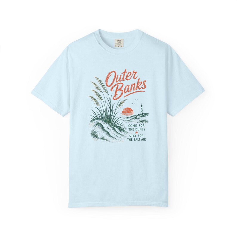 Camiseta de Outer Banks, camiseta de vacaciones de OBX, camiseta del faro de Cape Hatteras, camiseta de playa de Coastal Dunes, camiseta de viaje de Salt Air, costa de Carolina del Norte Chambray