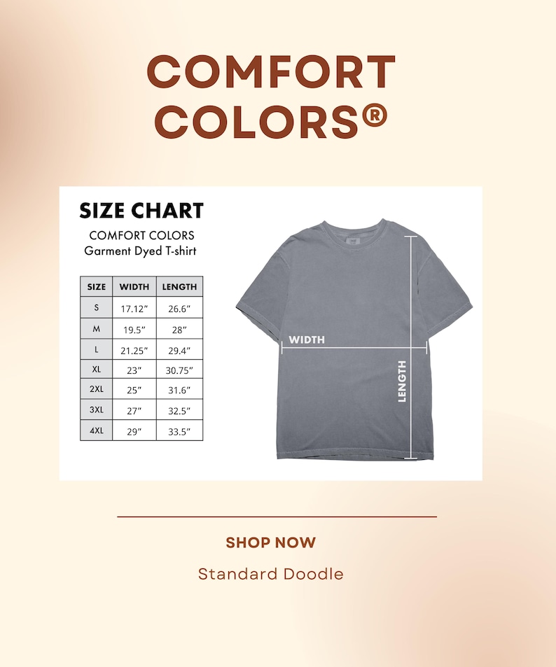 May include: A gray Comfort Colors garment-dyed t-shirt with a size chart. The chart lists sizes S to 4XL, with width and length measurements in inches. The text "COMFORT COLORS" is at the top.