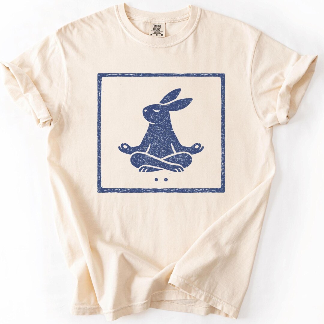 Wise Zen Rabbit Meditation Bunny Folk Art Tee, Zen Rabbit Graphic Shirt, Hand Stamped ...
