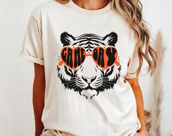 Camiseta con la mascota del tigre, camiseta para el día del partido, camiseta con el espíritu escolar, camiseta con gafas de sol de tigre, camiseta divertida para aficionados al deporte, camiseta con el espíritu de la escuela secundaria o la universidad.