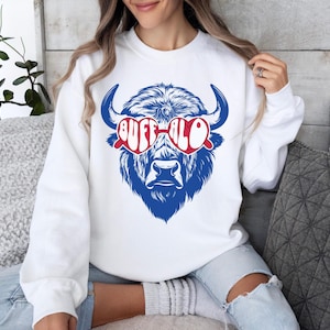 Buffalo sweatshirt met ronde hals, voetbalseizoenskleding, zacht, op voetbal geïnspireerde Uniseks-sweater, bizon met zonnebril