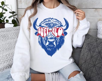Sudadera Buffalo de cuello redondo, ropa de temporada de fútbol americano, sudadera suave unisex inspirada en el fútbol americano, bisonte con gafas de sol.