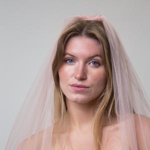 A pale pink tulle bridal veil. The veil is draped over the head and shoulders. The bride has blonde hair and blue eyes. The veil is made of a soft, sheer blush  tulle, creating a delicate and romantic appearance.