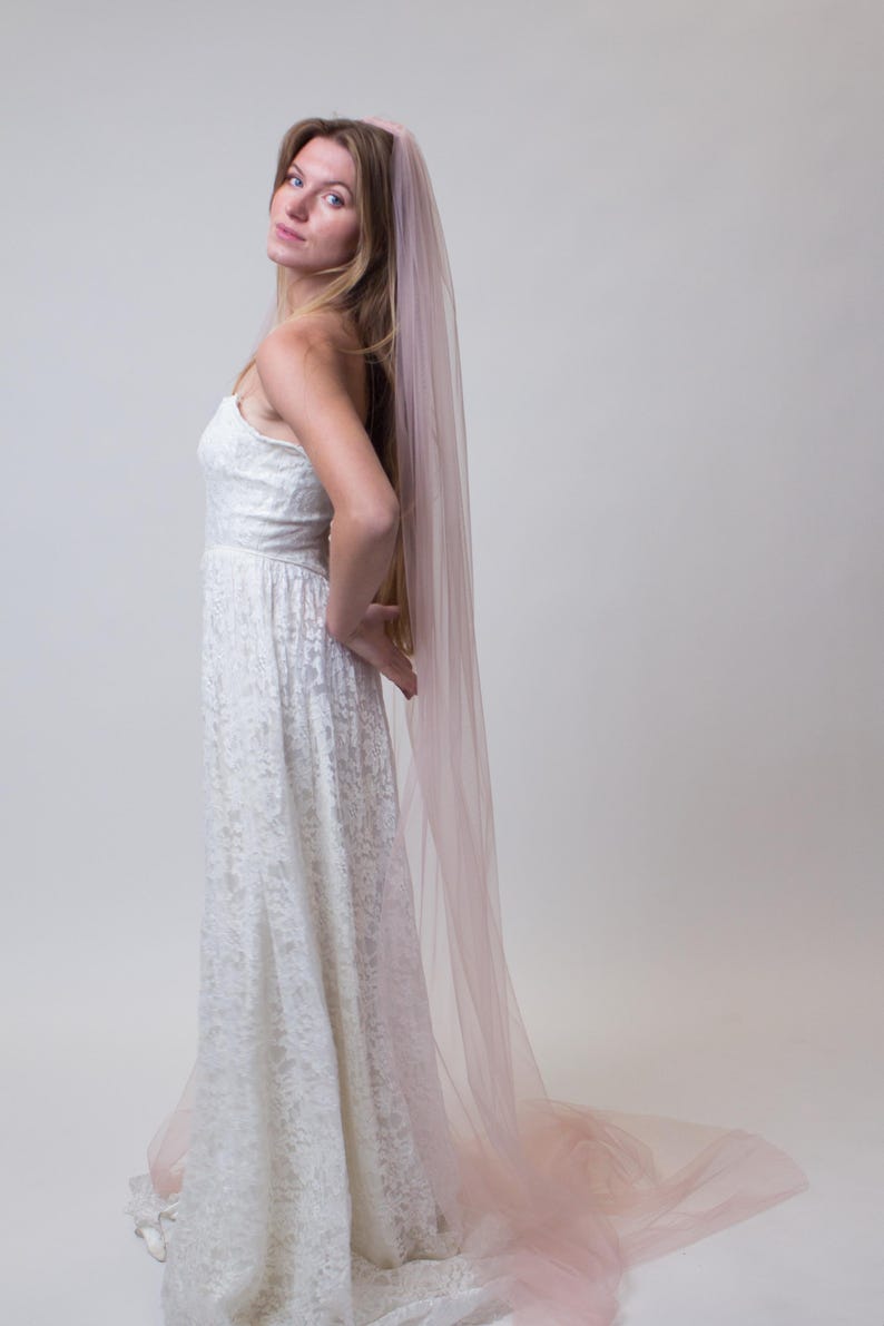 A white lace wedding dress with a long train. A sheer, pale pink veil flows down the back, adding a soft, romantic touch. The dress has a fitted bodice and a full skirt, creating an elegant silhouette.