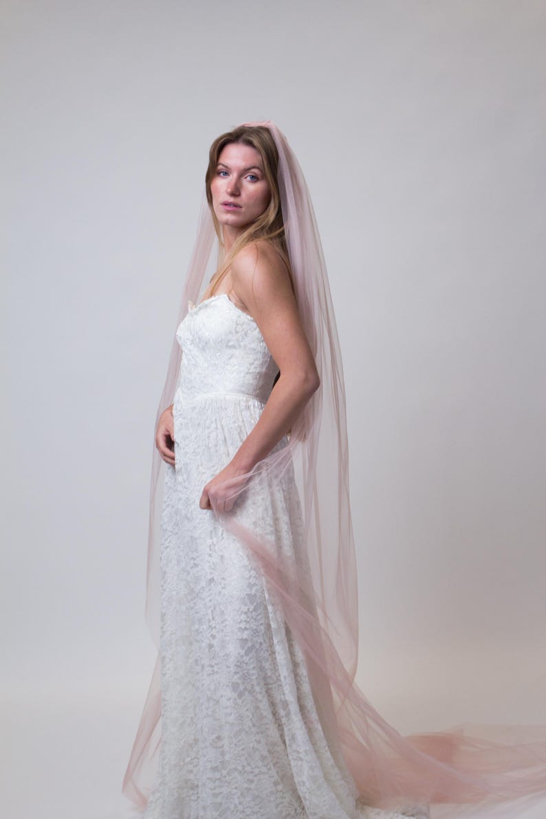 Blush wedding veil, Cathedral length bridal veil, Soft tulle long wedding headpiece, Romantic pastel bridal veil