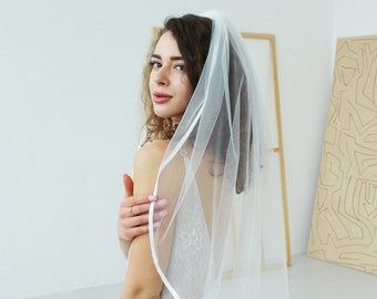 Satin edge wedding veil, Horsehair wedding veil, White veil wedding