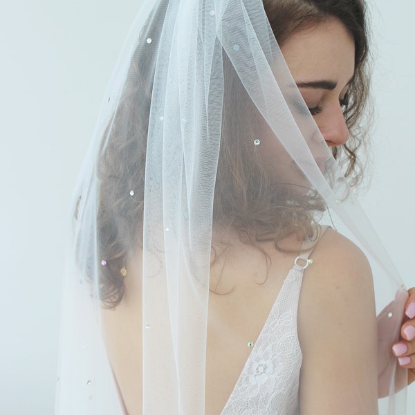 Crystal wedding veil, Bridal veil with crystals, Ivory wedding veil