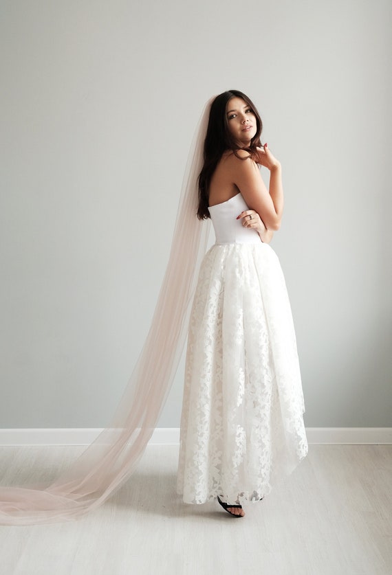 Blush pink wedding veil, cathedral length