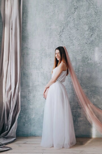 Blush pink English Net wedding veil Blush Pink Wedding Veil: Soft Bridal Illusion Tulle, Raw  main image 3