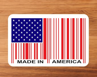Made In America Barcode Hardhat Sticker | 100% Vinyl | Hard Hat Flag Sticker, Toolbox Patriotic Decal, Water Bottle Gift, Thermos, Clipboard