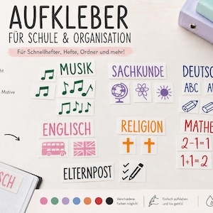Könnte beinhalten: Eine Sammlung weißer Aufkleber zur Schulorganisation mit verschiedenen Symbolen und deutschem Text wie MUSIK, SACHKUNDE, DEUTSCH, ENGLISCH, RELIGION, MATHE und ELTERNPOST, ergänzt durch mathematische Zeichen sowie Illustrationen von Noten, einem Globus und Stiften.