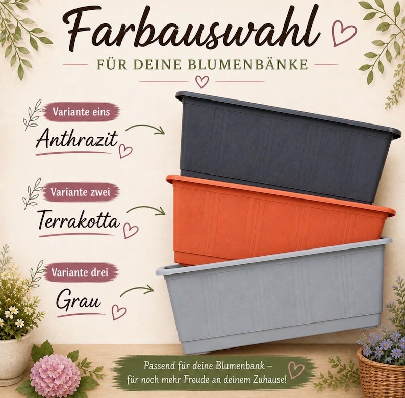 Puede incluir: Tres jardineras rectangulares en antracita, terracota y gris. La imagen incluye texto en alem&aacute;n: "Farbauswahl f&uuml;r deine Blumenb&auml;nke" (Selecci&oacute;n de color para tus jardineras). Las jardineras est&aacute;n apiladas, mostrando las opciones de color disponibles.