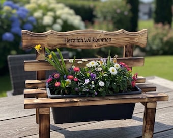 Banco de madera personalizado con jardinera – Decoración de jardín con grabado – Regalo para amantes de la jardinería – Mini banco con jardinera – Madera hecha a mano