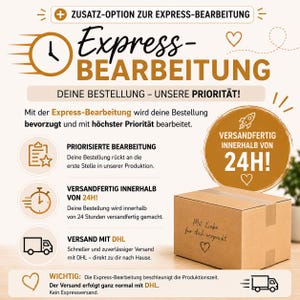 May include: An informational graphic detailing an express processing service for orders. The text includes Express-Bearbeitung, priority production, and 24-hour dispatch. A brown cardboard shipping box with the text Mit Liebe f&uuml;r dich verpackt is shown.