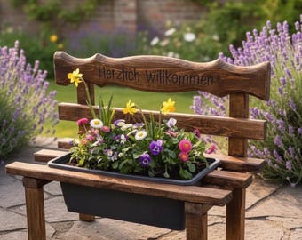 Personalisierte Holzbank mit Blumenkasten – Garten Deko mit Gravur – Geschenk für Gartenliebhaber – Mini Bank Pflanzkasten – Handmade Holz