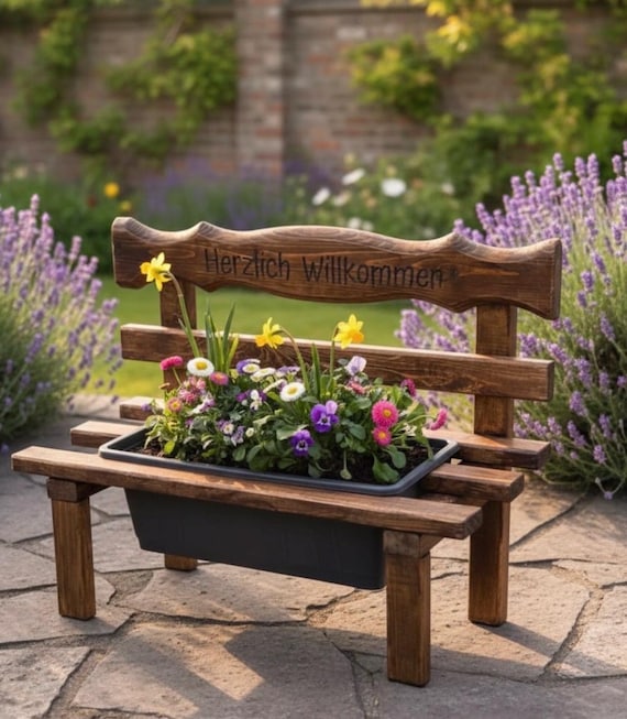 Personalisierte Holzbank mit Blumenkasten – Garten Deko mit Gravur – Geschenk für Gartenliebhaber – Mini Bank Pflanzkasten – Handmade Holz