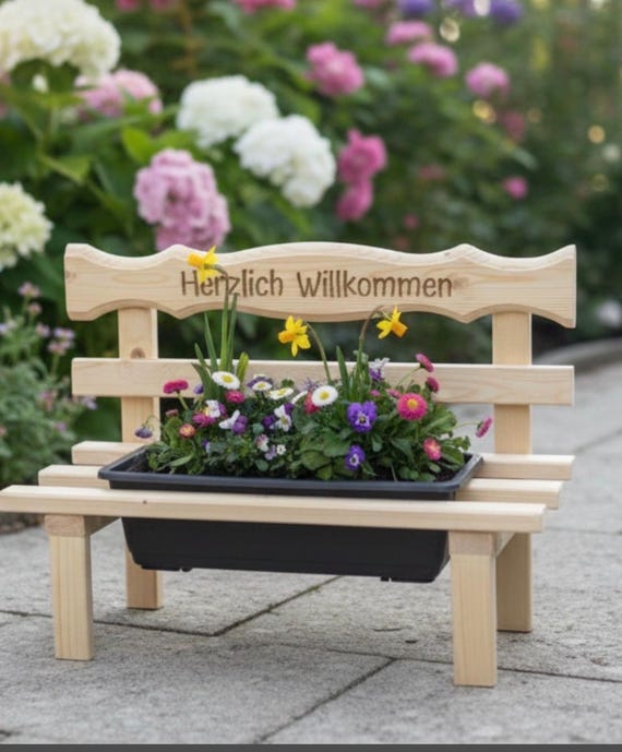 Personalisierte Holzbank mit Blumenkasten – Garten Deko mit Gravur – Geschenk für Gartenliebhaber – Mini Bank Pflanzkasten – Handmade Holz