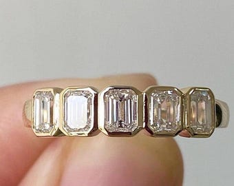 Five Stone Moissanite Wedding Band, Emerald Cut Colorless Moissanite Engagement Ring, Bezel Set Half Eternity Band In 14K Solid Yellow Gold