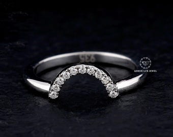 Contour Moissanite Band, Round Cut Moissanite Engagement Ring, 14K White Gold Wedding Band, Delicate Matching Curved Anniversary Gift Band