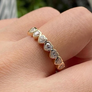 Heart Shape Bezel Set Ring, Heart Cut Moissanite Engagement Band, Full Eternity Wedding Ring, 14K Gold Love Ring For Her, Valentine Gift