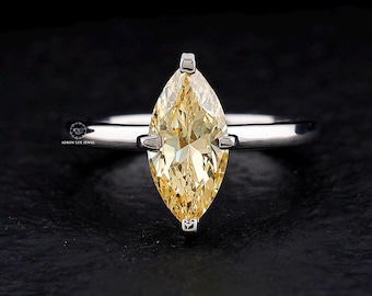 Solitaire Engagement Ring, 1 CT Canary Yellow Marquise Cut Diamond Wedding Ring, 14K Solid Gold Anniversary Ring For Women, Statement Ring