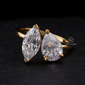 14K Solid Yellow Gold Two Stone Ring, Pear And Marquise Cut Colorless Moissanite Ring, Toi et Moi Wedding Ring, Anniversary Gift Ring