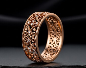 Open Work Victorian Band, Round Cut Moissanite Engagement Band, Filigree Milgrain Set Band, 14K Rose Gold Vintage Scrollwork Eternity Band