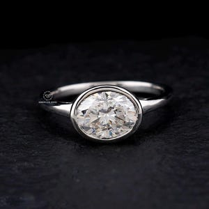 East To West Bezel Set Ring, 2 CT Oval Cut Moissanite Engagement Ring, 14K Solid White Gold Bezel Set Ring, Solitaire Wedding Ring For Her