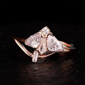 Fancy Shape Bridal Ring Set, Trilliant & Tapered Baguette Cut Moissanite Engagement Ring, Moth Diamond Ring, 14K Rose Gold Wedding Ring Set
