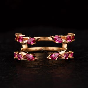 Pink Sapphire Wrap Guard Ring, Marquise Enhancer Ring, 14K Gold Unique Branch Wedding Band, Stacking Matching Ring, Double Band Aggie Ring