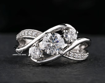Unique Bypass Ring, Round Cut Moissanite Engagement Ring, Three Stone Unique Shank Ring, 14K Solid White Gold Solitaire With Accent Ring