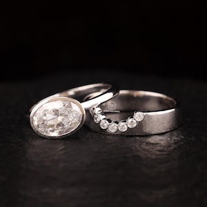 Bridal Ring Set, Oval Cut Moissanite Engagement Ring, Bezel Set Solitaire Wedding Ring Set, 14K Solid Gold Wide Cigar Unique Curved Band