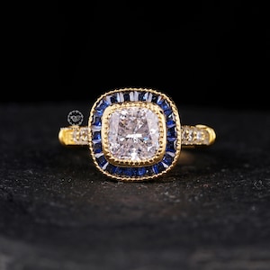 Vintage Art Deco Cushion Cut Engagement Ring, Blue Sapphire Halo Ring, 14K Yellow Gold Milgrain Bezel Set Ring, Cushion Antique Wedding Ring