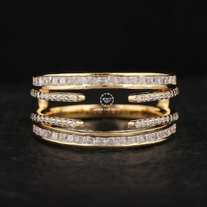 Channel Set Enhancer Guard Wedding Band, Aggie Moissanite Band, Princess Cut Colorless Moissanite Engagement Ring, 14K Yellow Gold Band