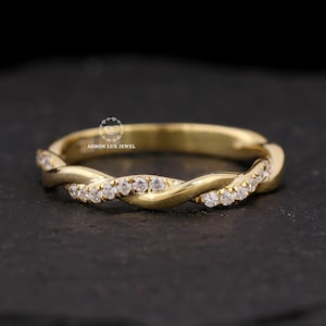 Twisted Wedding Band, Round Cut Colorless Moissanite Engagement Ring, 14K Solid Yellow Gold Eternity Band, Stackable Moissanite Rope Band