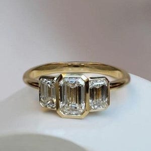 Trilogy Bezel Set Ring, Emerald Cut Moissanite Engagement Ring, Three Stone Wedding Ring, 14K Yellow Gold Emerald Ring, Anniversary Gift
