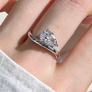 Floating Basket East To West Ring, 1.5 CT Pear Cut Moissanite Engagement Ring, 14K Gold Wedding Ring, Proposal Solitaire Pear Curved Band